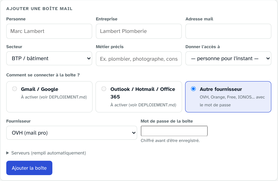 Formulaire d'ajout d'une boîte mail