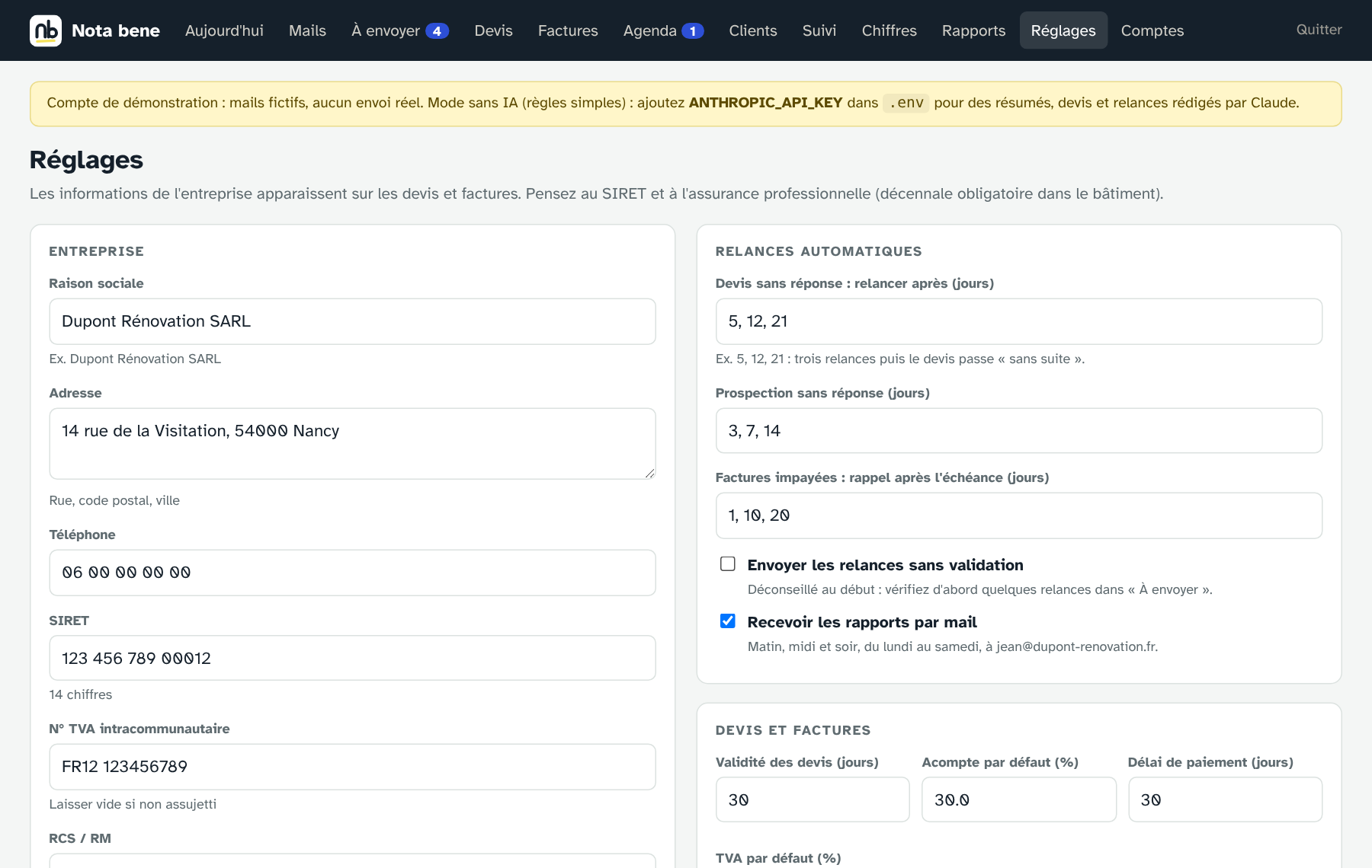Page des réglages de l'entreprise